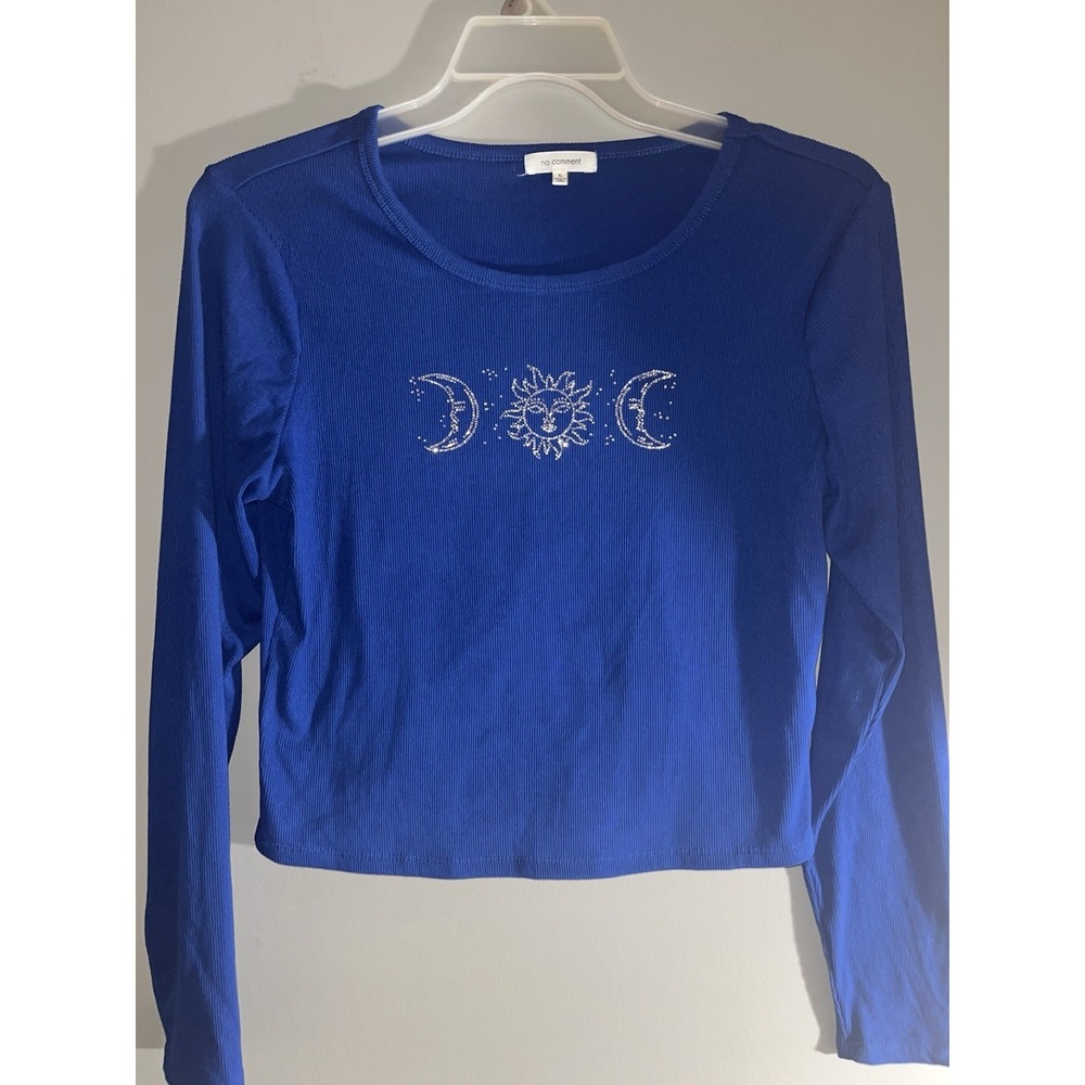 No‎ Comment Y2K Royal Blue Long Sleeev Crop Top Rhinestone Sun & Moon SZ XL